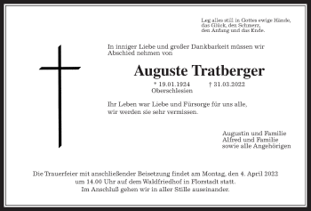 Traueranzeige von Auguste Tratberger von Wetterauer Zeitung