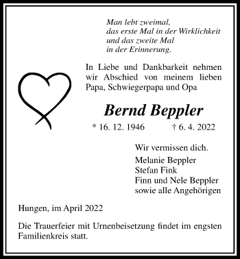 Traueranzeige von Bernd Beppler von Licher Wochenblatt
