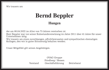 Traueranzeige von Bernd Beppler von Giessener Allgemeine, Alsfelder Allgemeine
