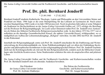 Traueranzeige von Bernhard Jendorff von Giessener Allgemeine, Alsfelder Allgemeine, Giessener Anzeiger