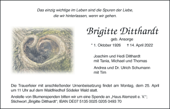 Traueranzeige von Brigitte Ditthardt von Wetterauer Zeitung