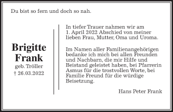 Traueranzeige von Brigitte Frank von Allendorfer Mitteilungen, Rabenauer Zeitung