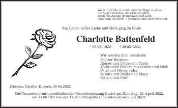 Traueranzeige von Charlotte Battenfeld von Giessener Anzeiger