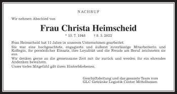 Traueranzeige von Christa Heimscheid von Giessener Allgemeine, Alsfelder Allgemeine, Giessener Anzeiger