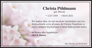 Traueranzeige von Christa Pöhlmann von Wetterauer Zeitung