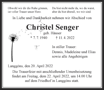 Traueranzeige von Christel Senger von Giessener Allgemeine, Alsfelder Allgemeine