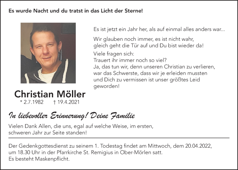  Traueranzeige für Christian Möller vom 16.04.2022 aus Wetterauer Zeitung