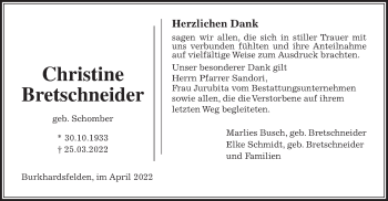 Traueranzeige von Christine Bretschneider von Licher Wochenblatt
