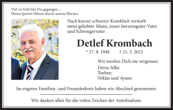 Traueranzeige von Detlef Krombach von Giessener Allgemeine, Alsfelder Allgemeine