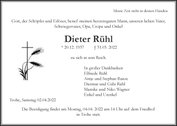 Traueranzeige von Dieter Rühl von Giessener Allgemeine, Alsfelder Allgemeine, Giessener Anzeiger