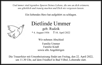 Traueranzeige von Dietlinde Ummer von Bad Vilbel/Karben