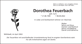 Traueranzeige von Dorothea Feuerbach von Wetterauer Zeitung