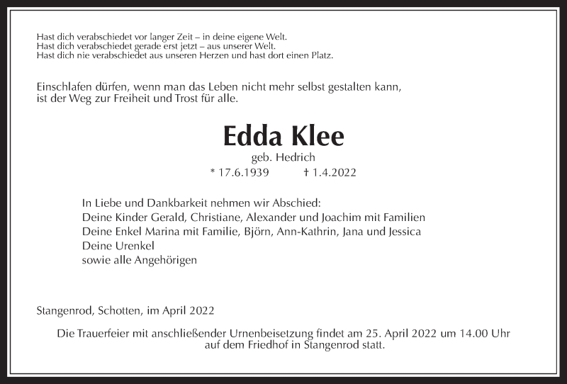  Traueranzeige für Edda Klee vom 14.04.2022 aus Giessener Allgemeine, Alsfelder Allgemeine, Heimatzeitung Grünberg + Laubach
