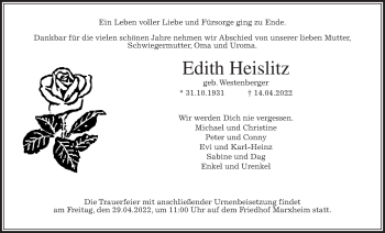 Traueranzeige von Edith Heislitz 