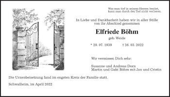 Traueranzeige von Elfriede Böhm von Wetterauer Zeitung