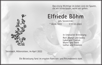 Traueranzeige von Elfriede Böhm von Giessener Anzeiger