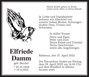 Traueranzeige von Elfriede Damm von Giessener Anzeiger