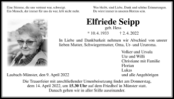 Traueranzeige von Elfriede Seipp von Giessener Allgemeine, Alsfelder Allgemeine, Giessener Anzeiger