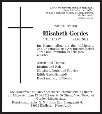 Traueranzeige von Elisabeth Gerdes von Giessener Anzeiger, Giessener Allgemeine, Alsfelder Allgemeine