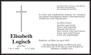 Traueranzeige von Elisabeth Logisch von Wetterauer Zeitung