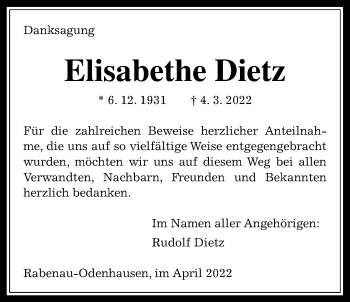 Traueranzeige von Elisabethe Dietz von Rabenauer Zeitung