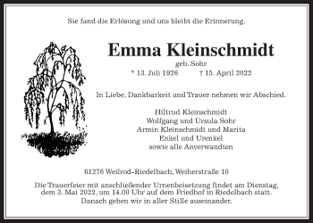 Traueranzeige von Emma Kleinschmidt von Usinger Anzeiger