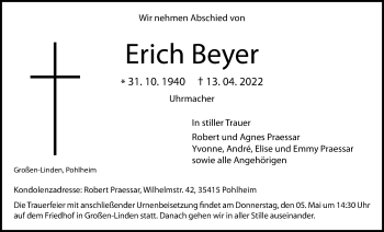 Traueranzeige von Erich Beyer von Giessener Allgemeine, Alsfelder Allgemeine