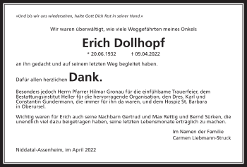Traueranzeige von Erich Dollhopf von Wetterauer Zeitung