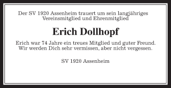 Traueranzeige von Erich Dollhopf von Wetterauer Zeitung