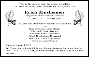 Traueranzeige von Erich Zinsheimer von Kreis-Anzeiger