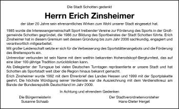 Traueranzeige von Erich Zinsheimer von Kreis-Anzeiger