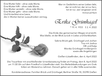 Traueranzeige von Erika Grünhagel von Giessener Allgemeine, Alsfelder Allgemeine, Giessener Anzeiger