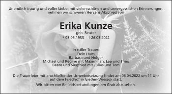 Traueranzeige von Erika Kunze von Giessener Allgemeine, Alsfelder Allgemeine, Giessener Anzeiger
