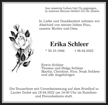 Traueranzeige von Erika Schleer von Giessener Allgemeine, Alsfelder Allgemeine