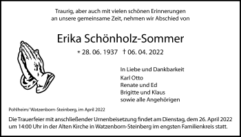 Traueranzeige von Erika Schönholz-Sommer von Giessener Allgemeine, Alsfelder Allgemeine