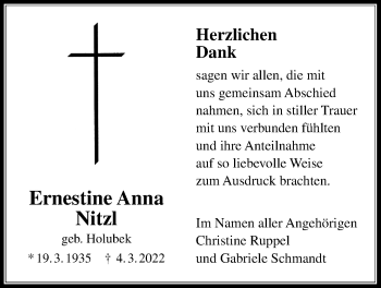 Traueranzeige von Ernestine Anna Nitzl von Licher Wochenblatt