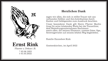 Traueranzeige von Ernst Rink von Giessener Allgemeine, Alsfelder Allgemeine