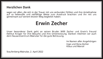 Traueranzeige von Erwin Zecher von Giessener Allgemeine, Alsfelder Allgemeine, Giessener Anzeiger