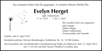 Traueranzeige von Evelyn Herget von Giessener Allgemeine, Alsfelder Allgemeine, Giessener Anzeiger