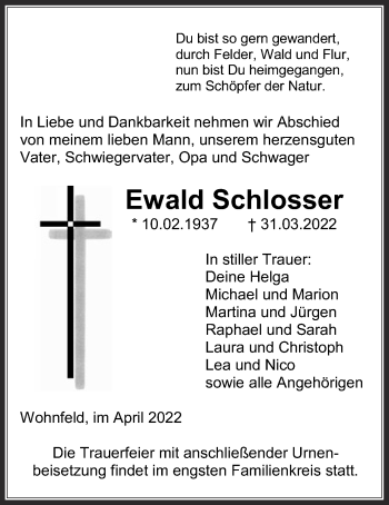 Traueranzeige von Ewald Schlosser von Wetterauer Zeitung, Giessener Allgemeine, Alsfelder Allgemeine