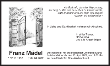 Traueranzeige von Franz Mädel von Wetterauer Zeitung