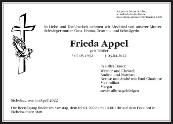 Traueranzeige von Frieda Appel von Kreis-Anzeiger