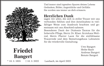 Traueranzeige von Friedel Bangert von Usinger Anzeiger