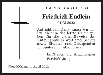 Traueranzeige von Friedrich Endlein von Wetterauer Zeitung