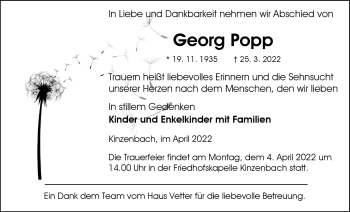 Traueranzeige von Georg Popp von Giessener Allgemeine, Alsfelder Allgemeine