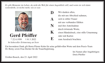 Traueranzeige von Gerd Pfeiffer von Giessener Allgemeine, Alsfelder Allgemeine, Giessener Anzeiger