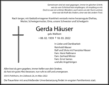 Traueranzeige von Gerda Häuser von Pohlheimer Nachrichten, Giessener Allgemeine, Alsfelder Allgemeine, Giessener Anzeiger