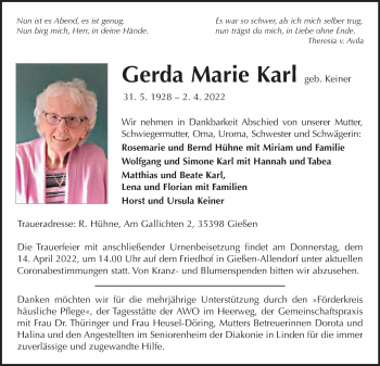 Traueranzeige von Gerda Marie Karl von Giessener Allgemeine, Alsfelder Allgemeine, Giessener Anzeiger