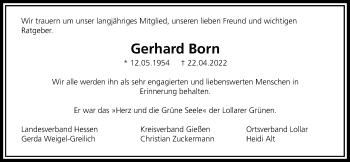 Traueranzeige von Gerhard Born von Giessener Anzeiger, Giessener Allgemeine, Alsfelder Allgemeine