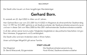 Traueranzeige von Gerhard Born von Giessener Anzeiger, Giessener Allgemeine, Alsfelder Allgemeine
